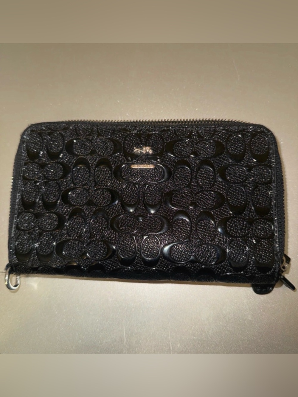 Coach Black Patent Signature Zip Around Wallet